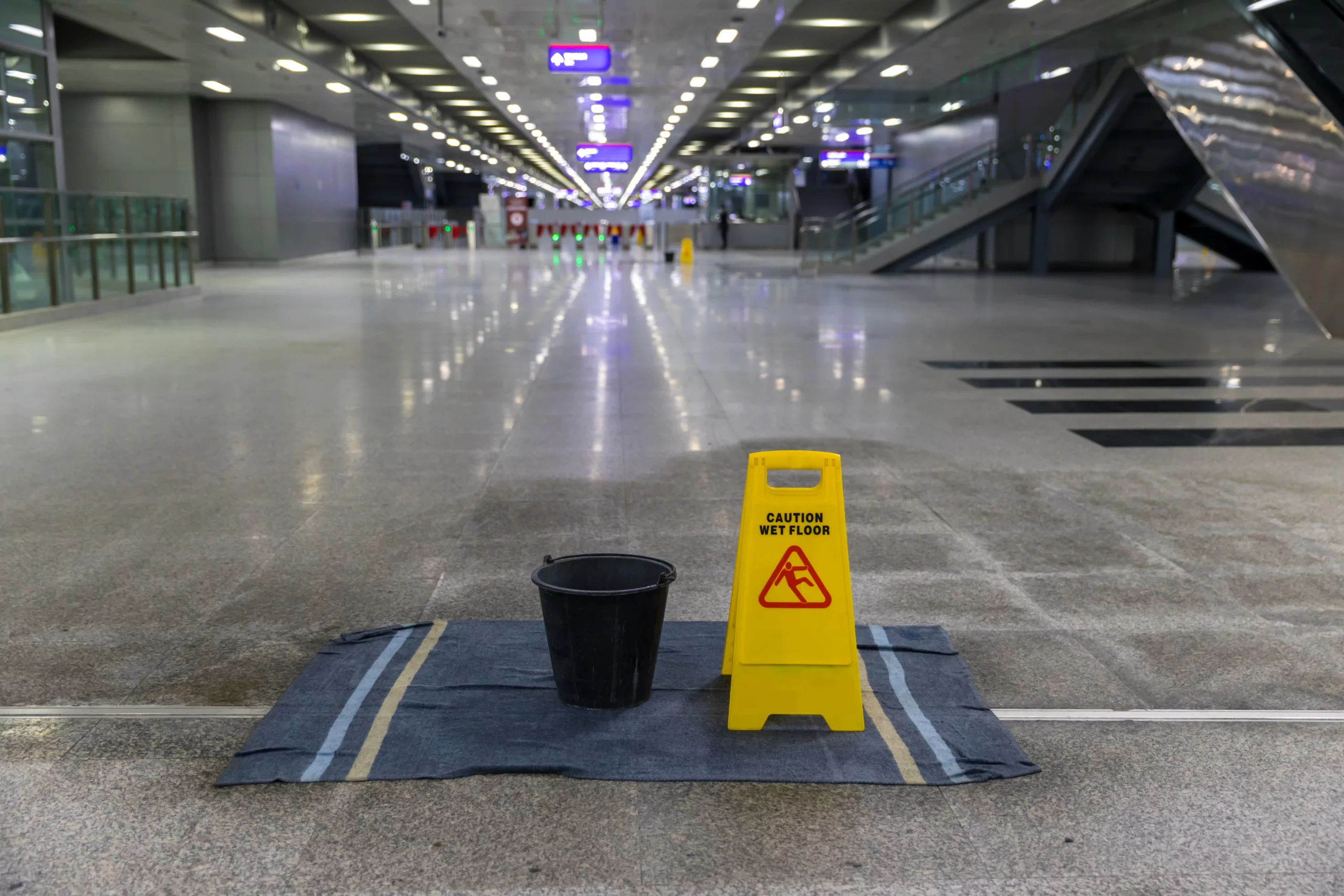 Yellow caution wet-floor sign and black bucket on a blue mat in a brightly lit empty hall — illustrating a common hazardous condition in shopping centers that may trigger premises liability in Alabama.