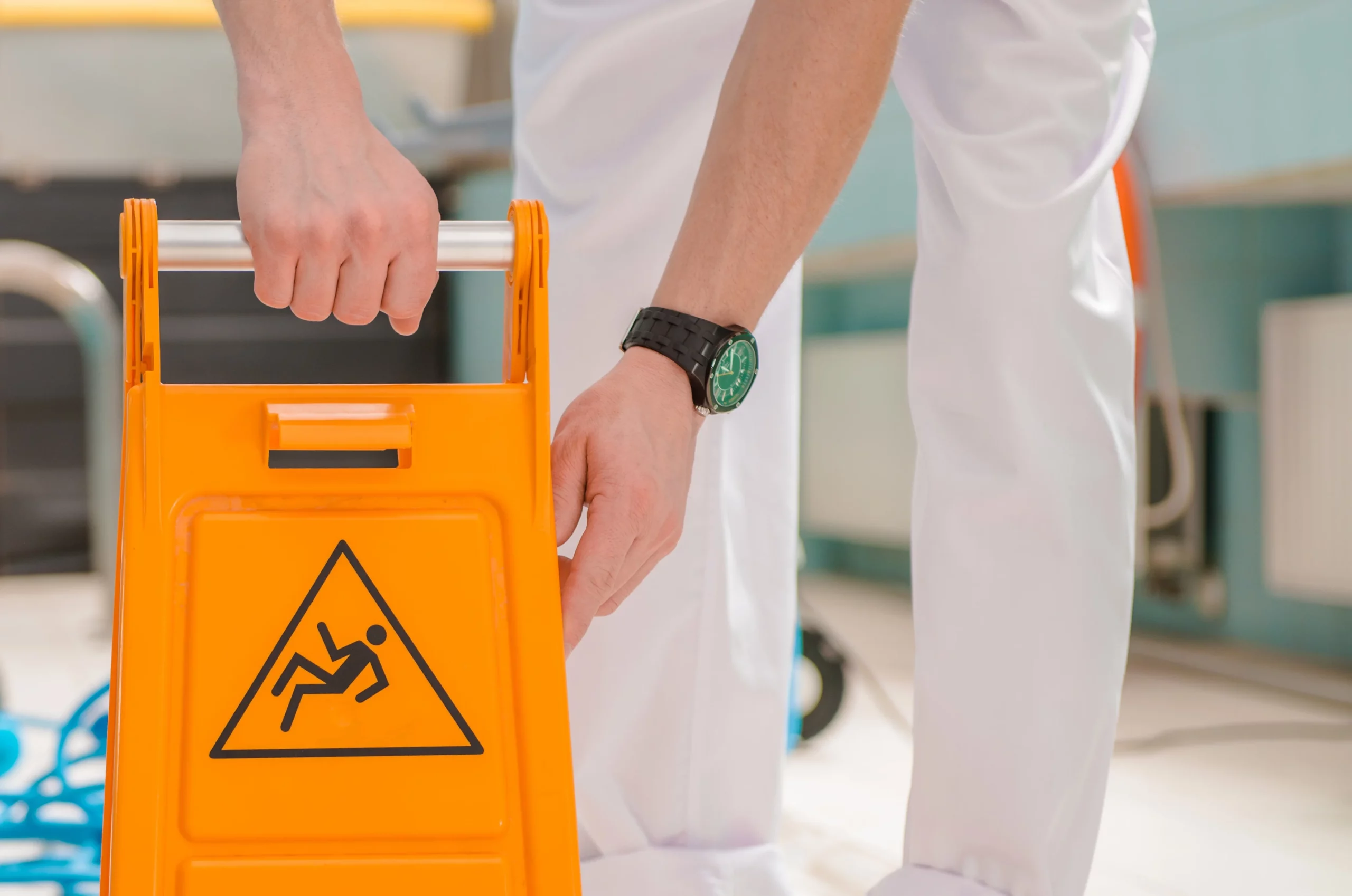 Person placing wet floor caution sign illustrating slip‑and‑fall safety and Alabama lawsuit time limits.