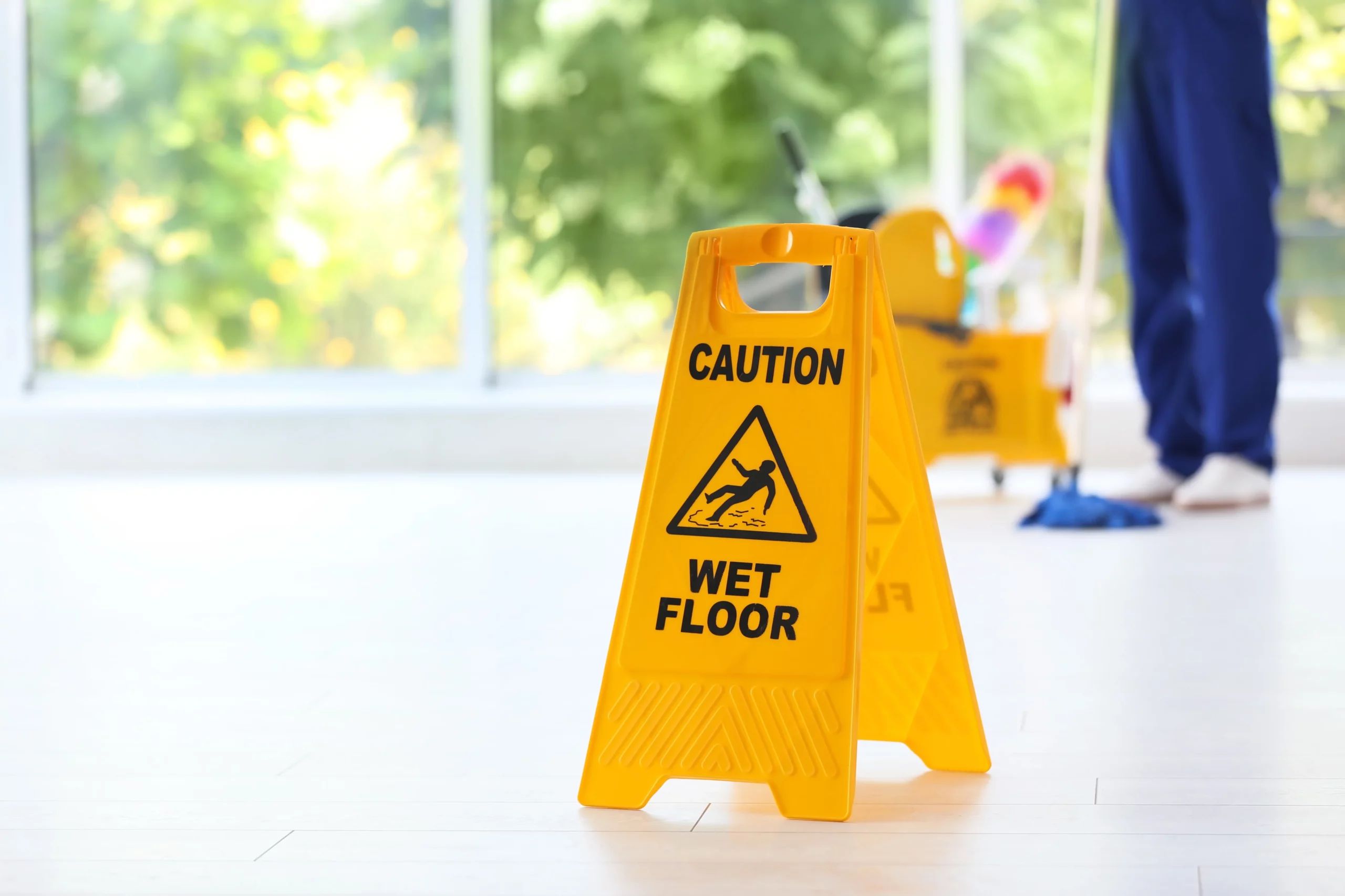 Yellow caution wet floor sign on a shiny indoor surface with cleaning supplies in the background, illustrating a potential slip and fall hazard and property owner warning in Alabama premises liability cases.